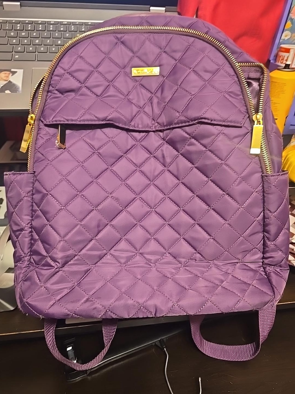 Joy & Iman Quilted Purple Backpack with Gold Hardware